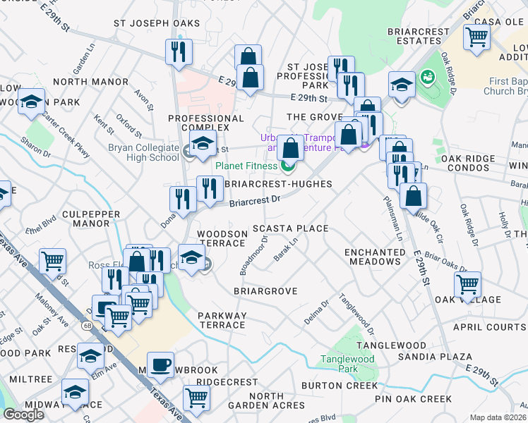 map of restaurants, bars, coffee shops, grocery stores, and more near 1411 Broadmoor Drive in Bryan