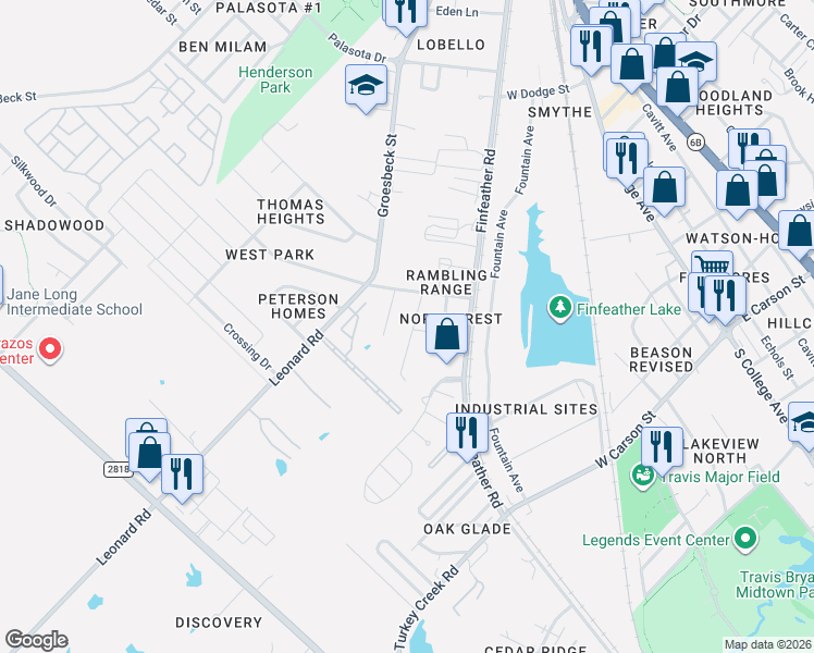 map of restaurants, bars, coffee shops, grocery stores, and more near 911 Northcrest Drive in Bryan
