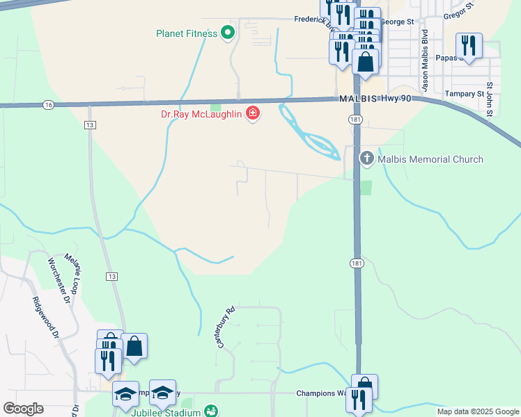 map of restaurants, bars, coffee shops, grocery stores, and more near 9628 Malbis Lane in Daphne