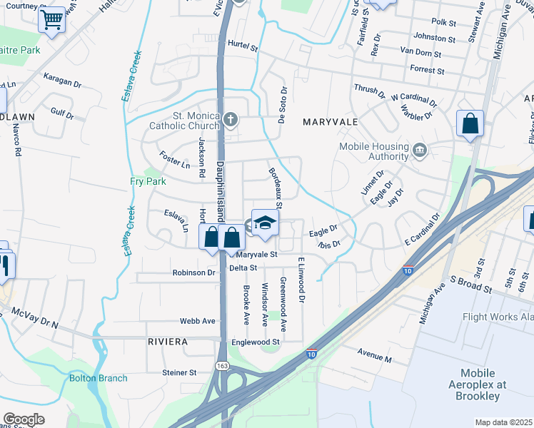 map of restaurants, bars, coffee shops, grocery stores, and more near 1301-1323 Bordeaux Dr in Mobile