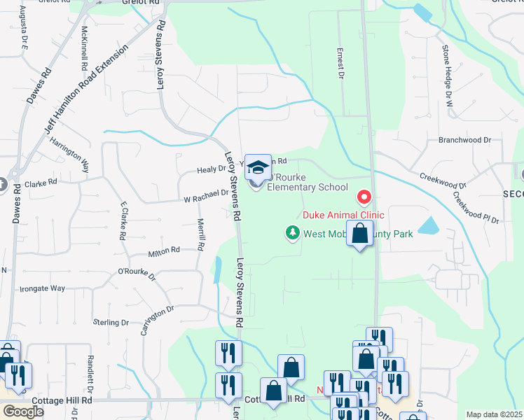 map of restaurants, bars, coffee shops, grocery stores, and more near 1975 Leroy Stevens Road in Mobile
