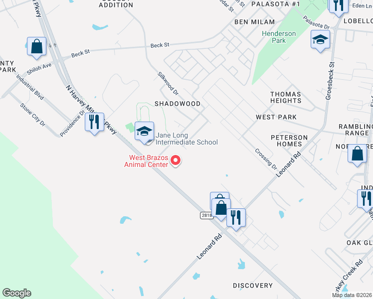map of restaurants, bars, coffee shops, grocery stores, and more near 598 Imperial Valley Drive in Bryan