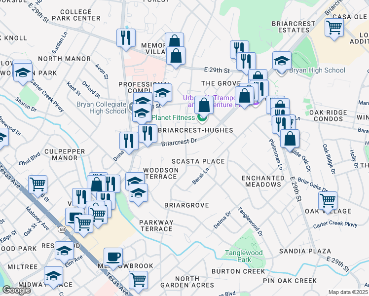 map of restaurants, bars, coffee shops, grocery stores, and more near 1411 Broadmoor Drive in Bryan