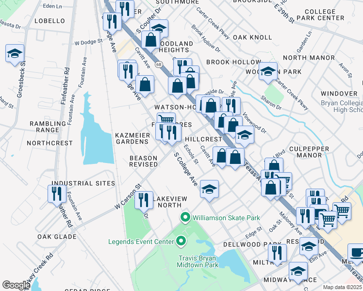 map of restaurants, bars, coffee shops, grocery stores, and more near 2112 Echols Street in Bryan