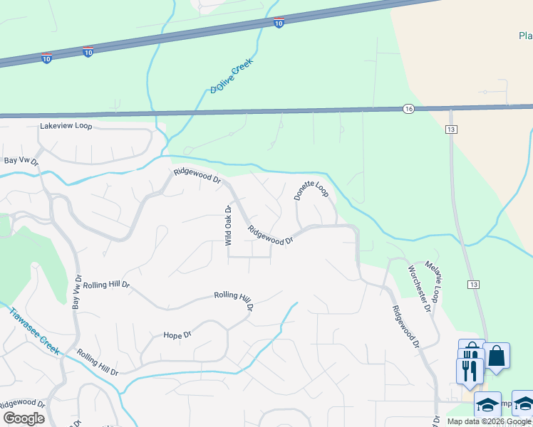 map of restaurants, bars, coffee shops, grocery stores, and more near 104 Woodside Drive in Daphne