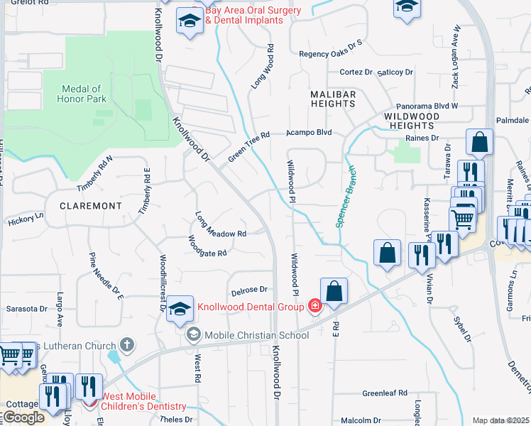 map of restaurants, bars, coffee shops, grocery stores, and more near 1818 Spring Brook Court in Mobile