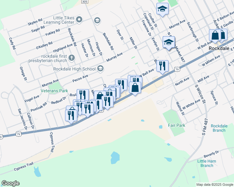 map of restaurants, bars, coffee shops, grocery stores, and more near 1204 West Cameron Avenue in Rockdale