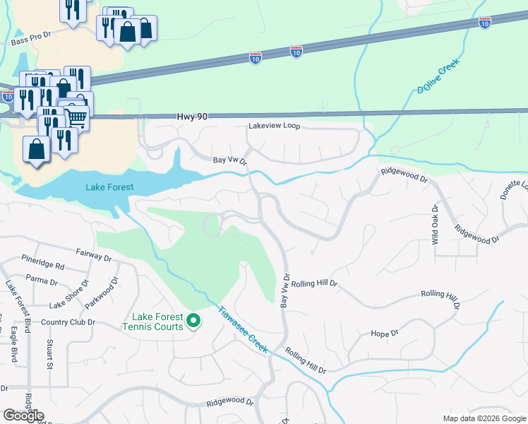 map of restaurants, bars, coffee shops, grocery stores, and more near 130 Golf Terrace in Daphne