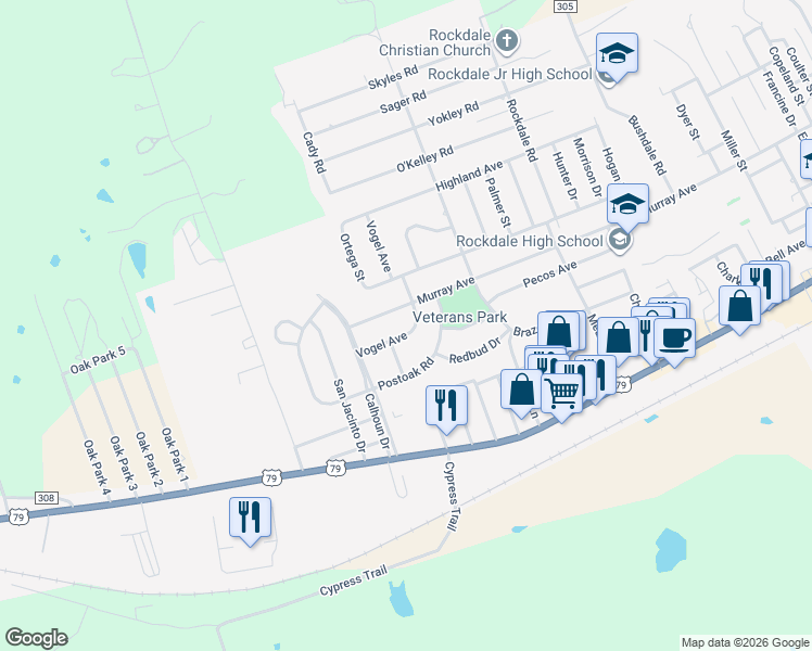 map of restaurants, bars, coffee shops, grocery stores, and more near 2113 Vogel Avenue in Rockdale