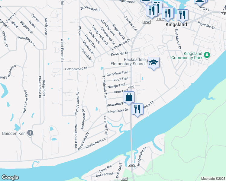 map of restaurants, bars, coffee shops, grocery stores, and more near 1619 Packsaddle Trail in Kingsland