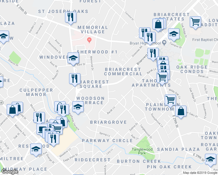 map of restaurants, bars, coffee shops, grocery stores, and more near 1411 Broadmoor Drive in Bryan