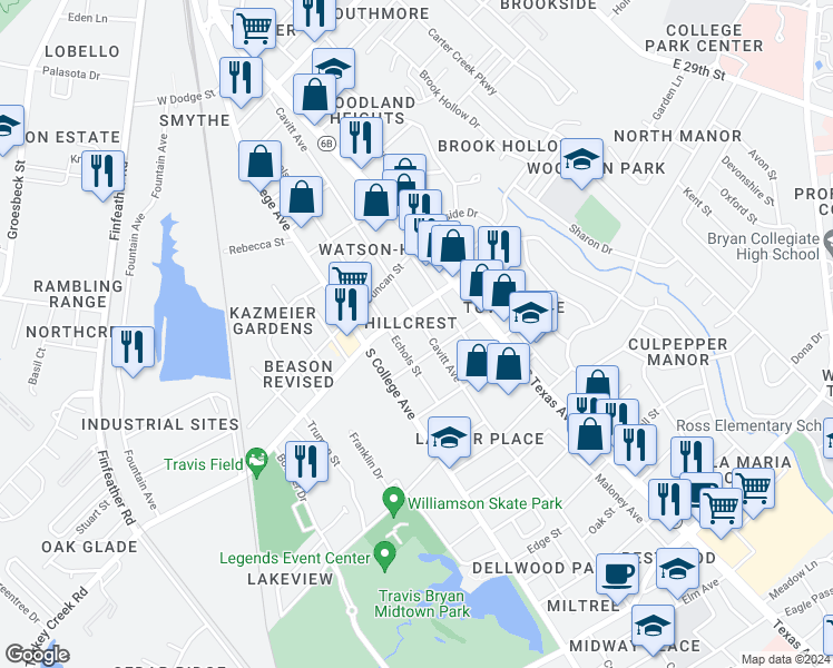 map of restaurants, bars, coffee shops, grocery stores, and more near 2112 Echols Street in Bryan