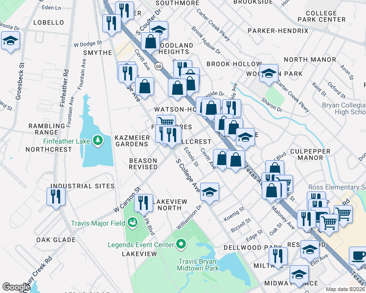 map of restaurants, bars, coffee shops, grocery stores, and more near 2112 Echols Street in Bryan