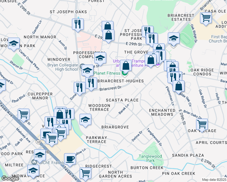 map of restaurants, bars, coffee shops, grocery stores, and more near 1505 Broadmoor Drive in Bryan