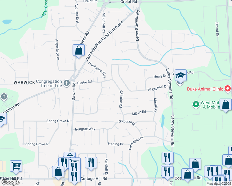 map of restaurants, bars, coffee shops, grocery stores, and more near 1996 East Clarke Road in Mobile