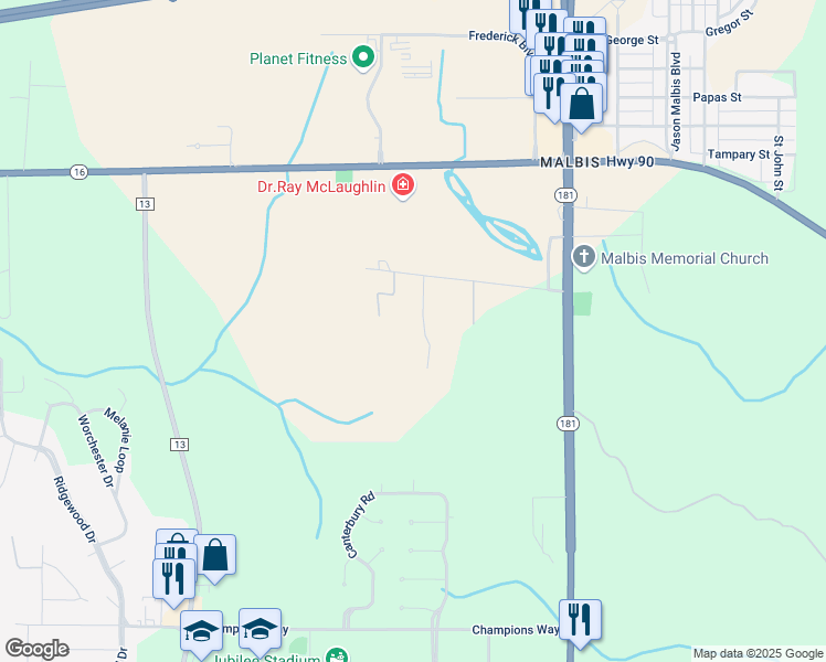 map of restaurants, bars, coffee shops, grocery stores, and more near 9628 Malbis Lane in Daphne
