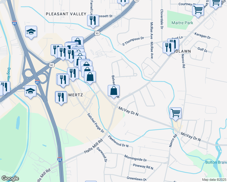 map of restaurants, bars, coffee shops, grocery stores, and more near 1100 Belvedere Circle West in Mobile