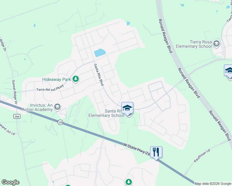 map of restaurants, bars, coffee shops, grocery stores, and more near 512 Leon Loop in Georgetown