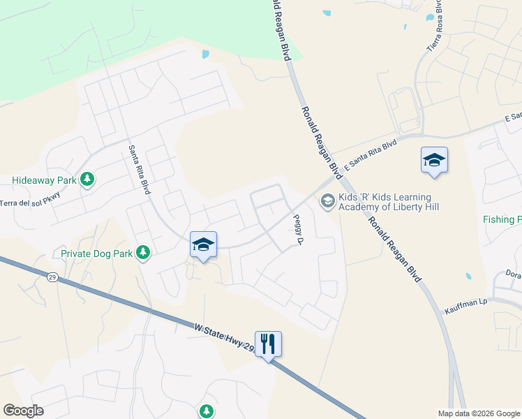 map of restaurants, bars, coffee shops, grocery stores, and more near 253 Norcia Loop in Georgetown
