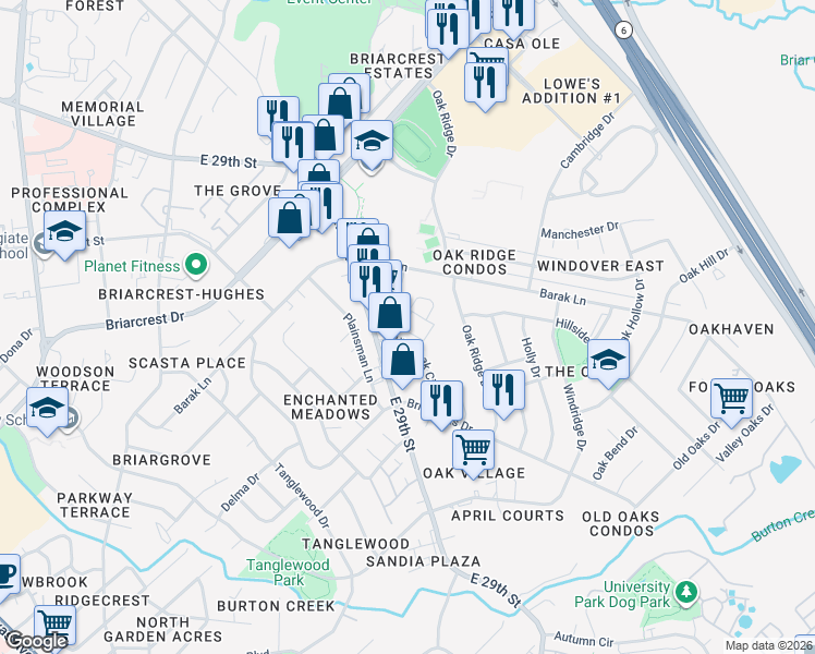 map of restaurants, bars, coffee shops, grocery stores, and more near 2000 Kazmeier Plaza in Bryan
