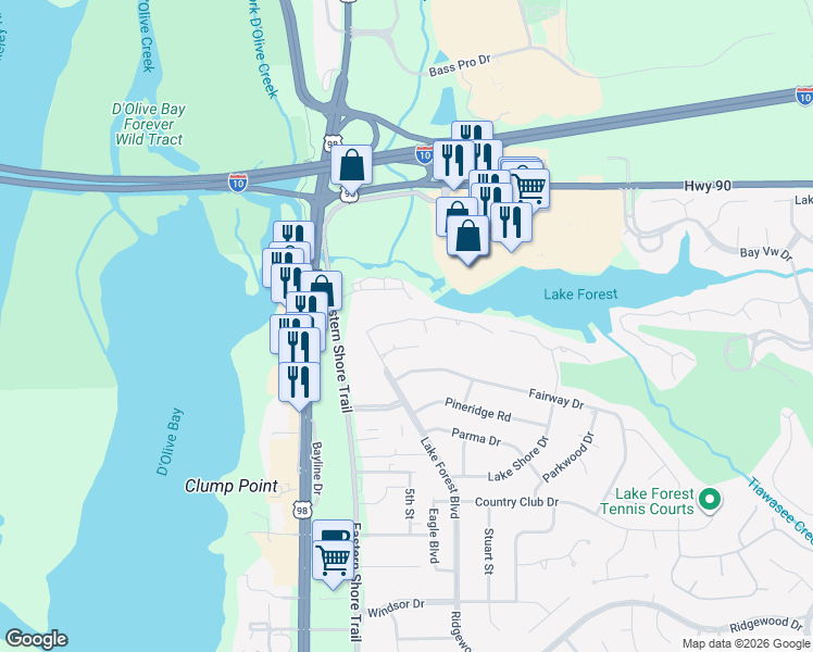 map of restaurants, bars, coffee shops, grocery stores, and more near 29150 Lake Forest Boulevard in Daphne