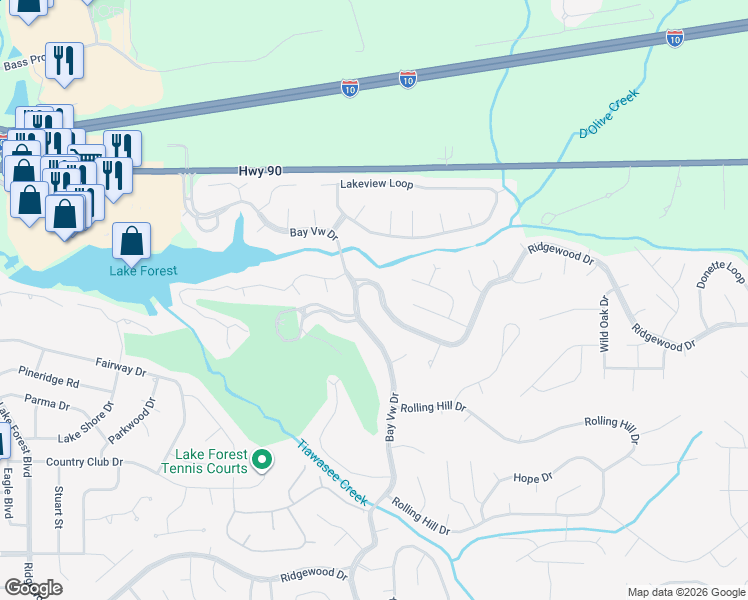 map of restaurants, bars, coffee shops, grocery stores, and more near 688 Ridgewood Drive in Daphne