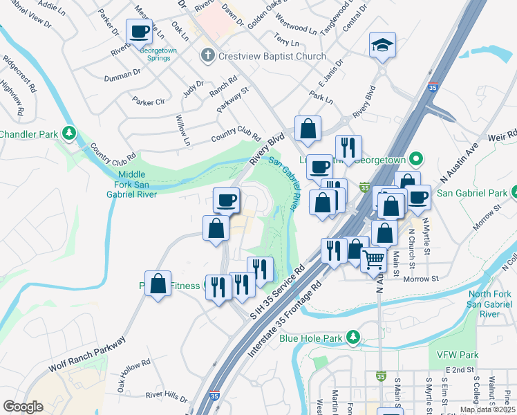 map of restaurants, bars, coffee shops, grocery stores, and more near 1141 Highknoll Lane in Georgetown