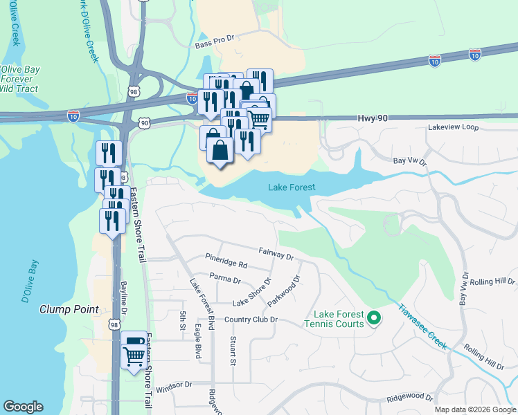 map of restaurants, bars, coffee shops, grocery stores, and more near 44 Lake Shore Drive in Daphne