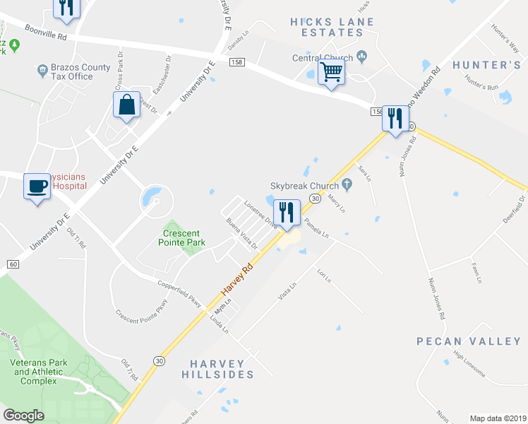 map of restaurants, bars, coffee shops, grocery stores, and more near 1732 Lonetree Drive in College Station