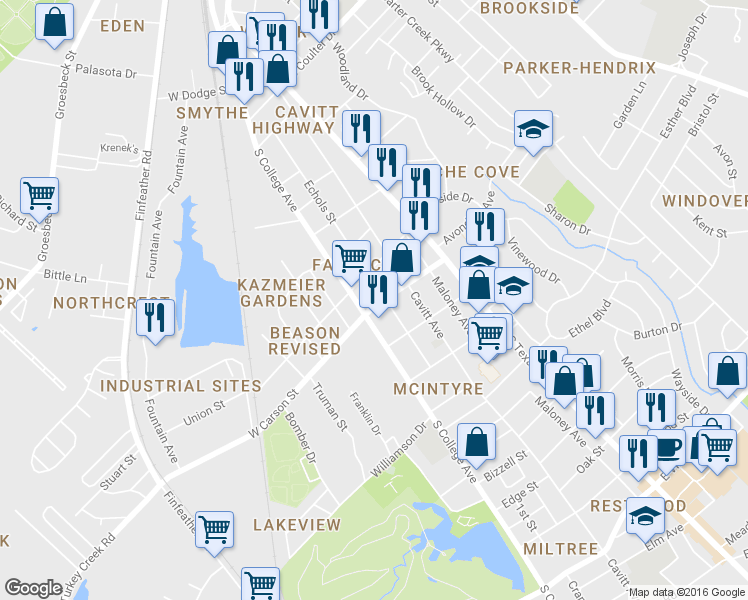 map of restaurants, bars, coffee shops, grocery stores, and more near 199 E Duncan St in Bryan