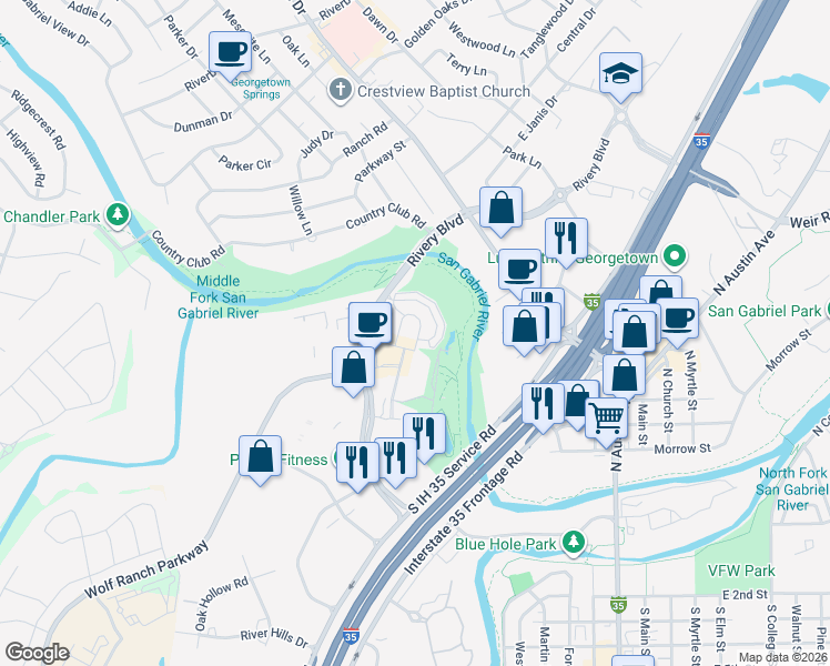 map of restaurants, bars, coffee shops, grocery stores, and more near 1141 Highknoll Lane in Georgetown