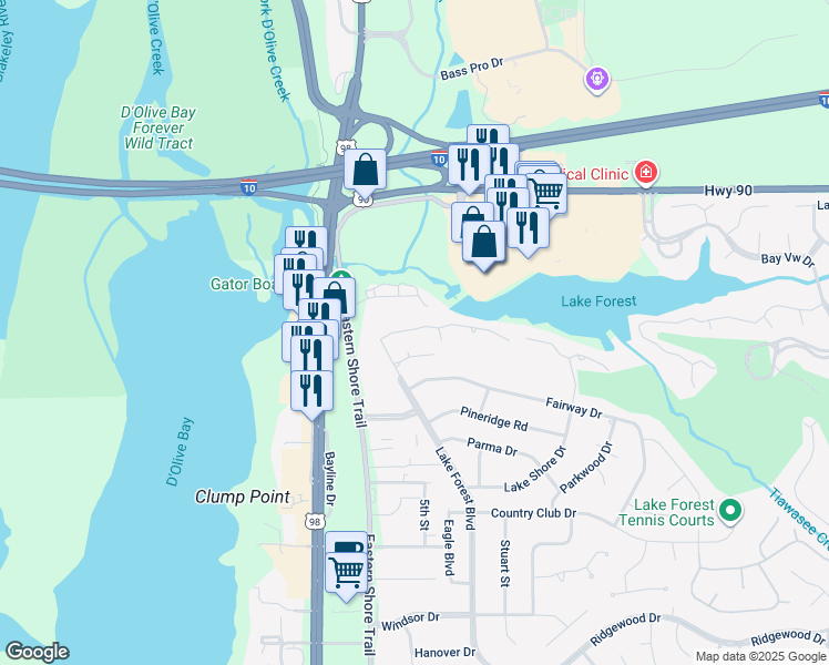 map of restaurants, bars, coffee shops, grocery stores, and more near 29150 Lake Forest Blvd in Daphne