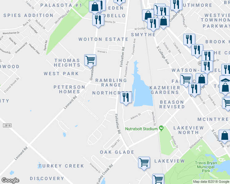 map of restaurants, bars, coffee shops, grocery stores, and more near 1300 Bittle Lane in Bryan