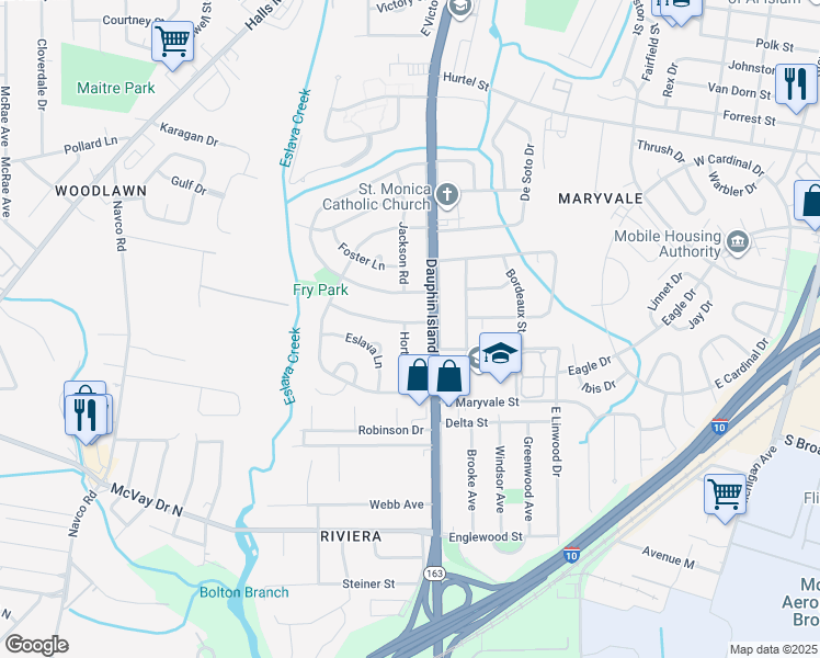 map of restaurants, bars, coffee shops, grocery stores, and more near 2050 Stockton Drive in Mobile