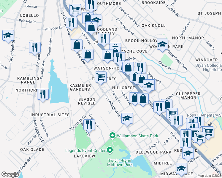 map of restaurants, bars, coffee shops, grocery stores, and more near 200 East Carson Street in Bryan
