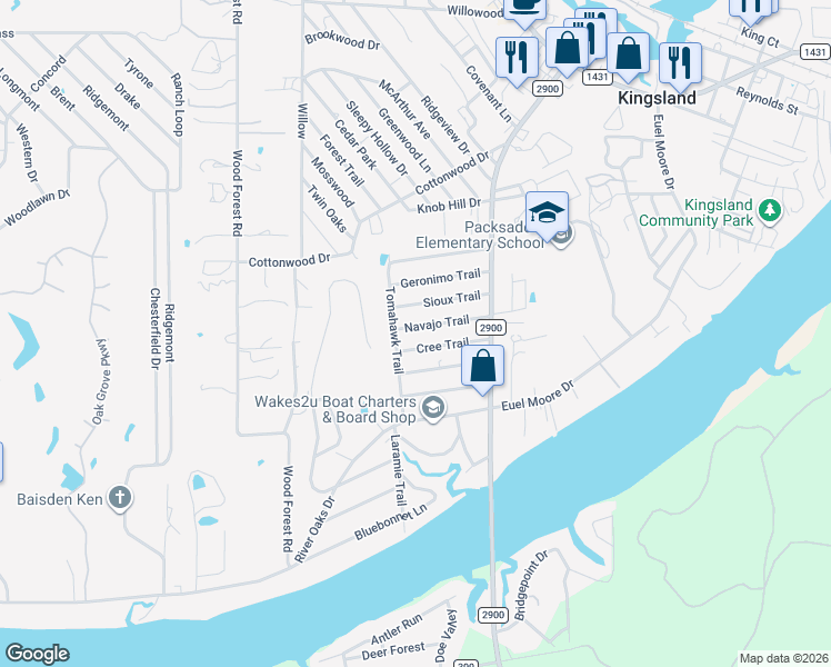 map of restaurants, bars, coffee shops, grocery stores, and more near 1631 Navajo Trail in Kingsland