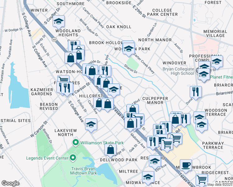 map of restaurants, bars, coffee shops, grocery stores, and more near 2104 Vinewood Drive in Bryan