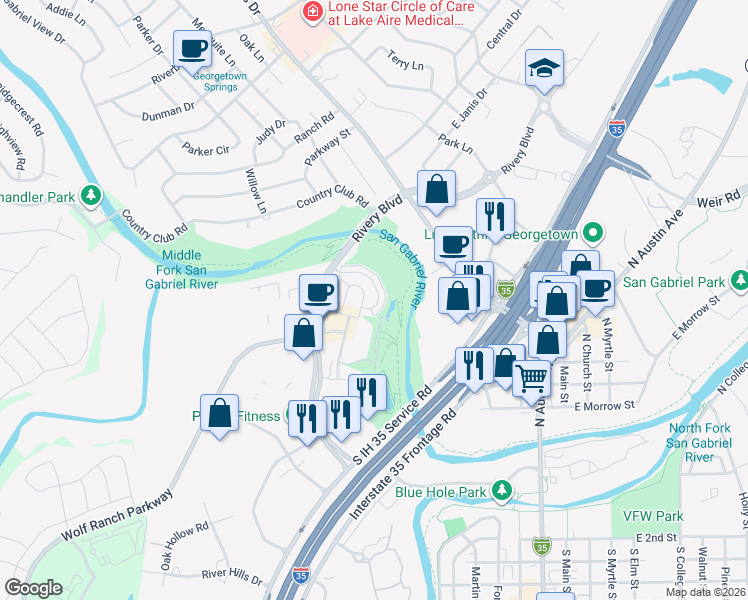 map of restaurants, bars, coffee shops, grocery stores, and more near 1141 Highknoll Lane in Georgetown
