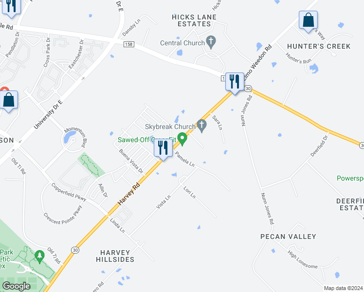 map of restaurants, bars, coffee shops, grocery stores, and more near 4000 Harvey Road in College Station