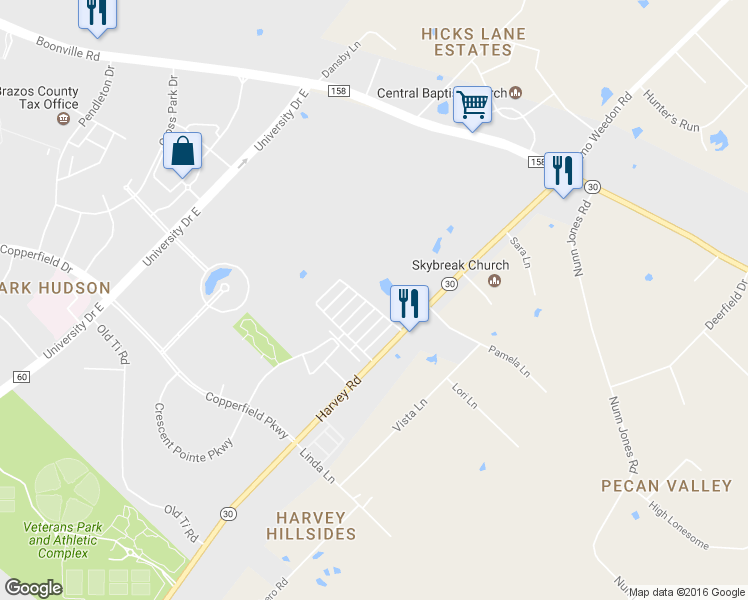 map of restaurants, bars, coffee shops, grocery stores, and more near 1736 Lonetree Drive in College Station