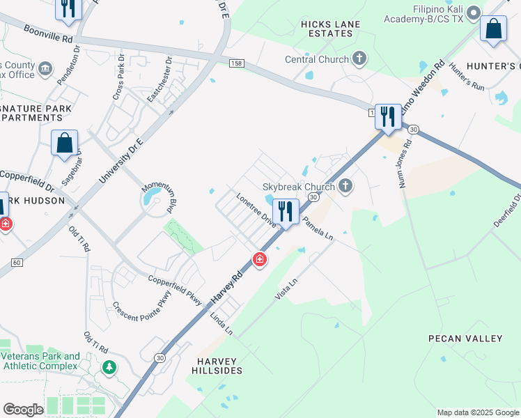 map of restaurants, bars, coffee shops, grocery stores, and more near 1736 Lonetree Drive in College Station