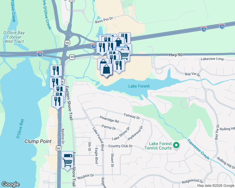map of restaurants, bars, coffee shops, grocery stores, and more near 44 Lake Shore Drive in Daphne