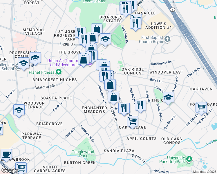 map of restaurants, bars, coffee shops, grocery stores, and more near 3601 East 29th Street in Bryan