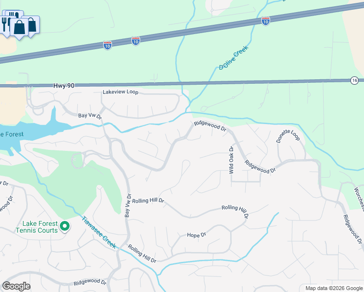 map of restaurants, bars, coffee shops, grocery stores, and more near 639 Ridgewood Drive in Daphne