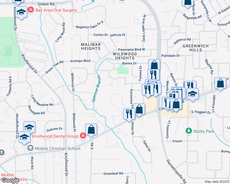 map of restaurants, bars, coffee shops, grocery stores, and more near 1023 Oakland Drive in Mobile