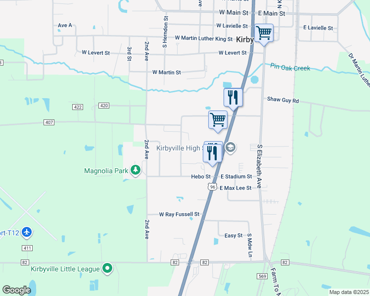 map of restaurants, bars, coffee shops, grocery stores, and more near 1106 Charlsie Avenue in Kirbyville