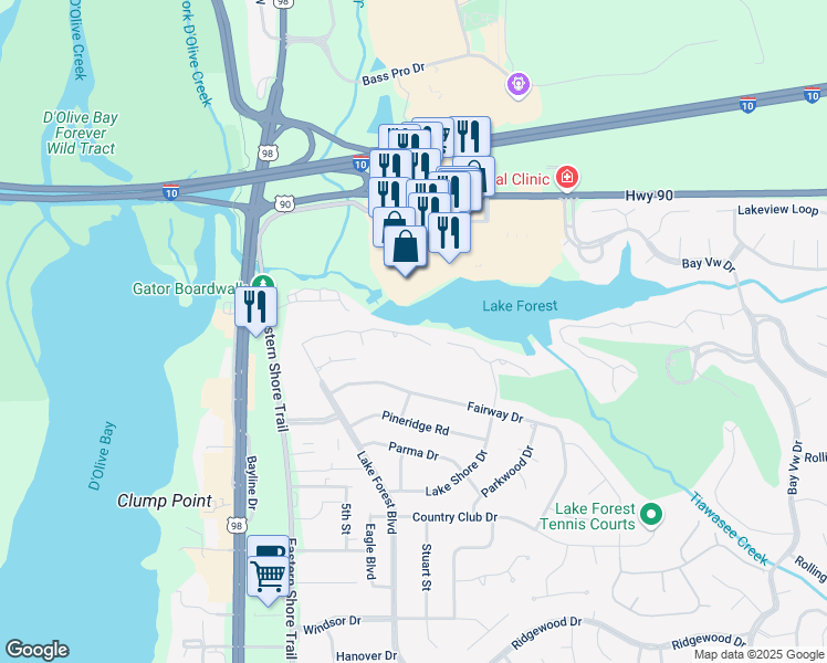 map of restaurants, bars, coffee shops, grocery stores, and more near 19 Lake Forest Boulevard in Daphne