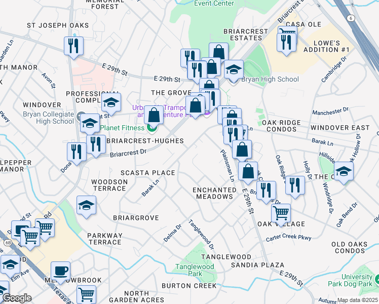 map of restaurants, bars, coffee shops, grocery stores, and more near 1607 Barak Lane in Bryan