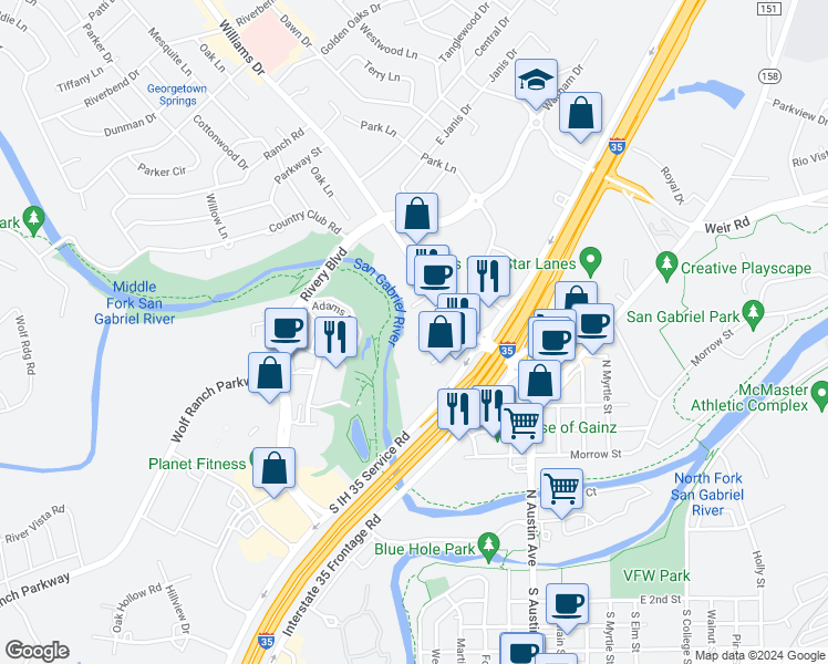 map of restaurants, bars, coffee shops, grocery stores, and more near 508 Morris Drive in Georgetown