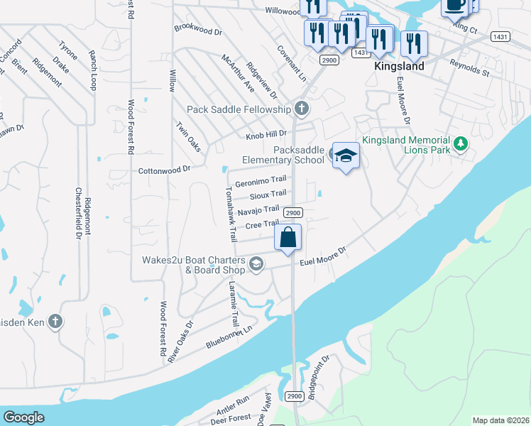 map of restaurants, bars, coffee shops, grocery stores, and more near 1534 Navajo Trail in Kingsland